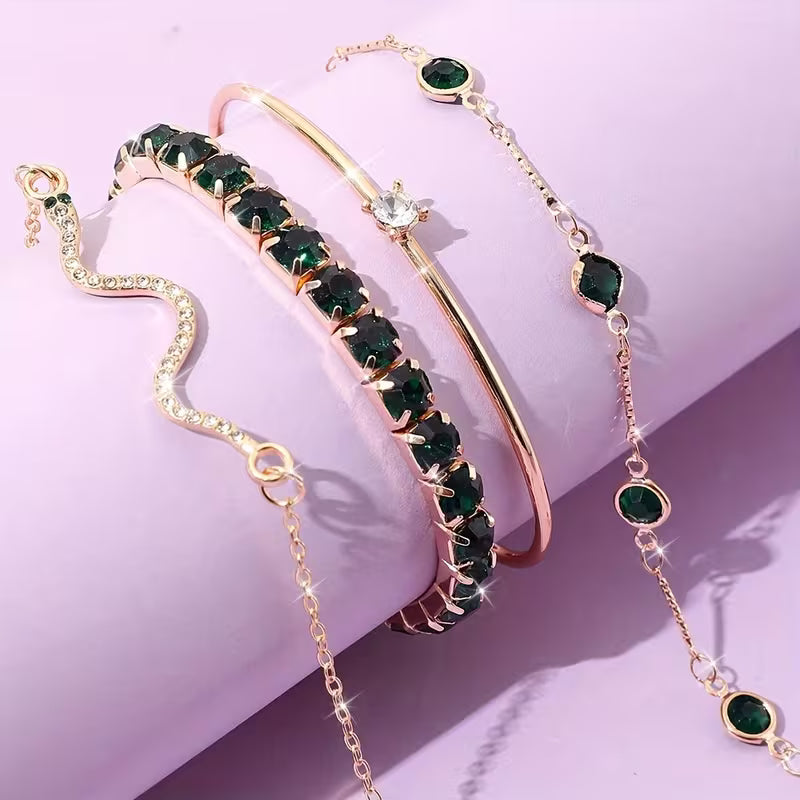 4pcs/Set Elegant Green Imitation Gemstone Rhinestone Claw Chain Snake Bracelet Open Bangle For Women