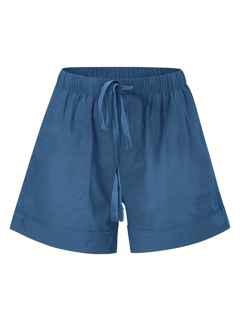 Women's Casual Solid Color Polyester Shorts, Drawstring Elastic Waist, Comfortable Fashion Summer Shorts, Woven Fabric, 100% Polyester